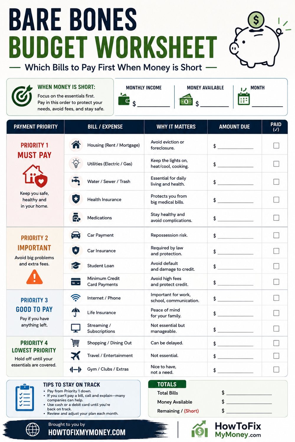 Bare bones budget worksheet showing which bills to pay first when money is short