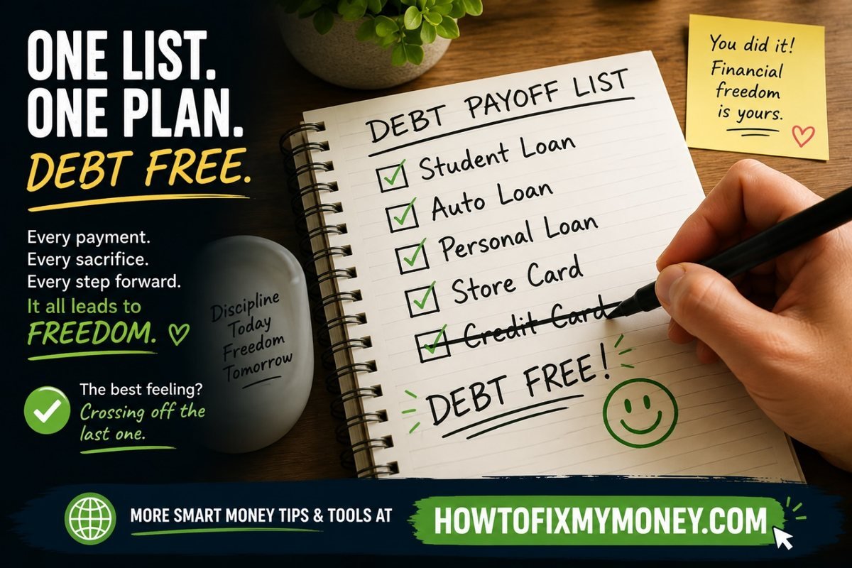 Person crossing the final debt off a handwritten payoff list