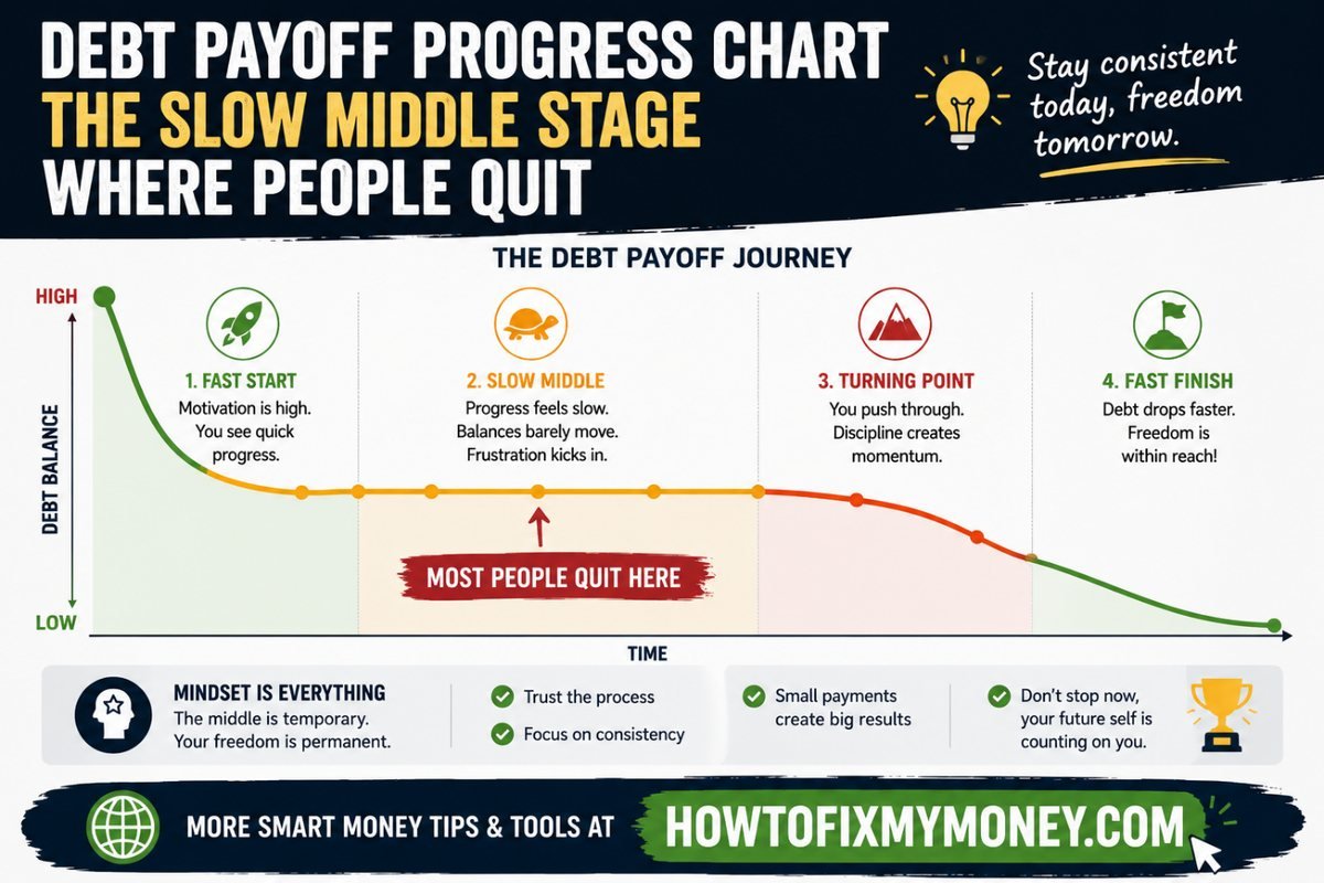 Debt payoff progress chart showing the slow middle stage where people quit