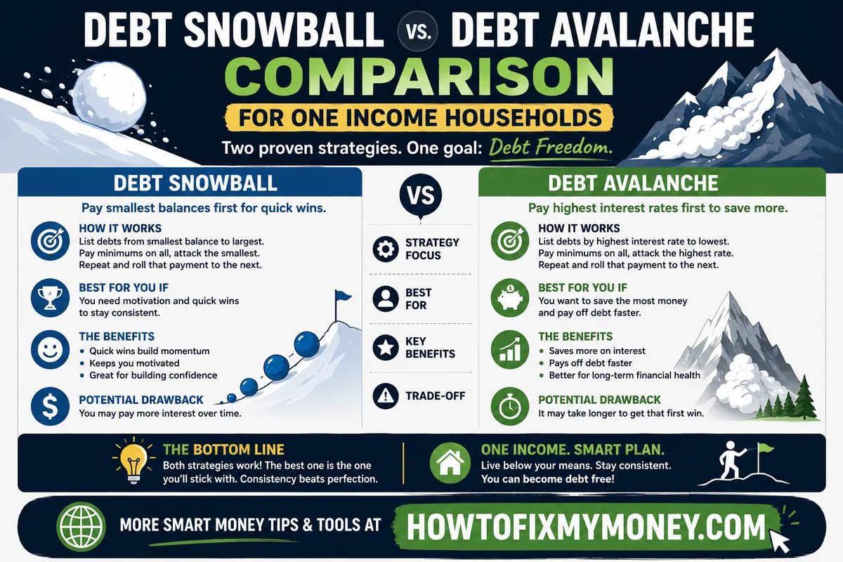 Debt snowball vs debt avalanche comparison for one income households