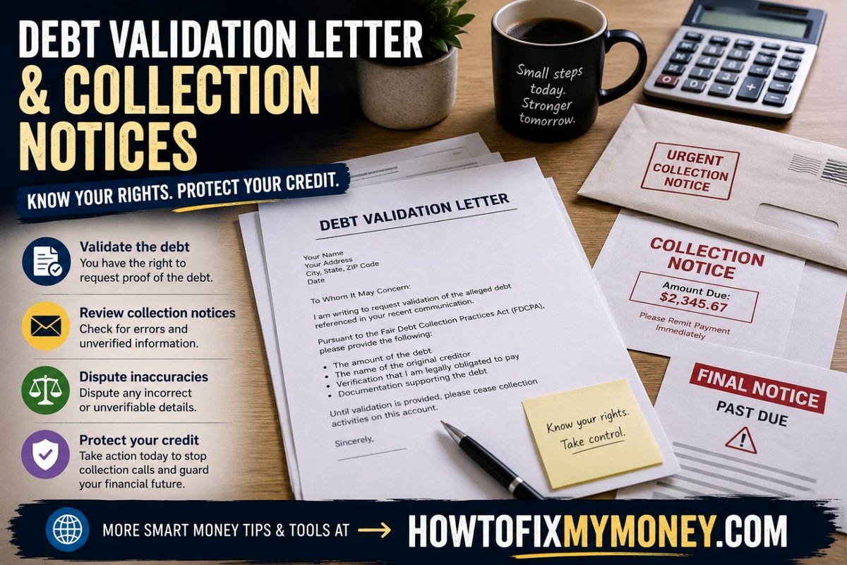 Debt validation letter and collection notices on a desk