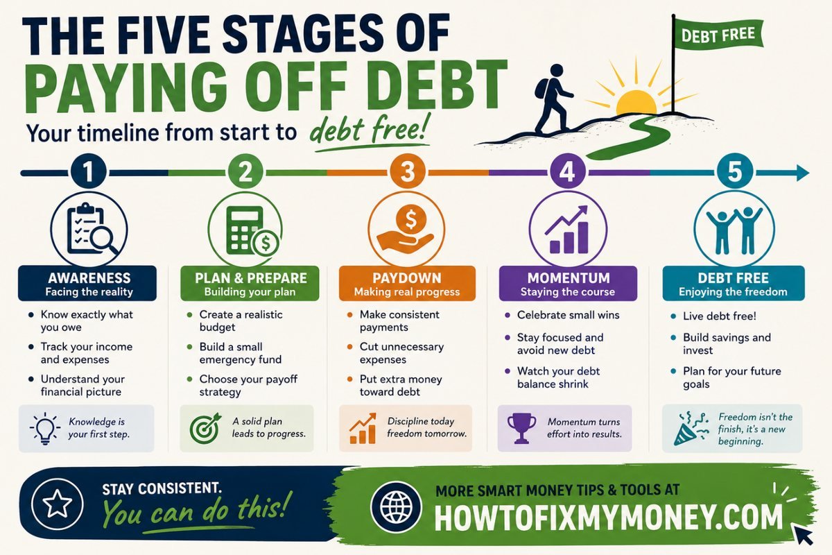 The five stages of paying off debt shown as a timeline from start to debt free