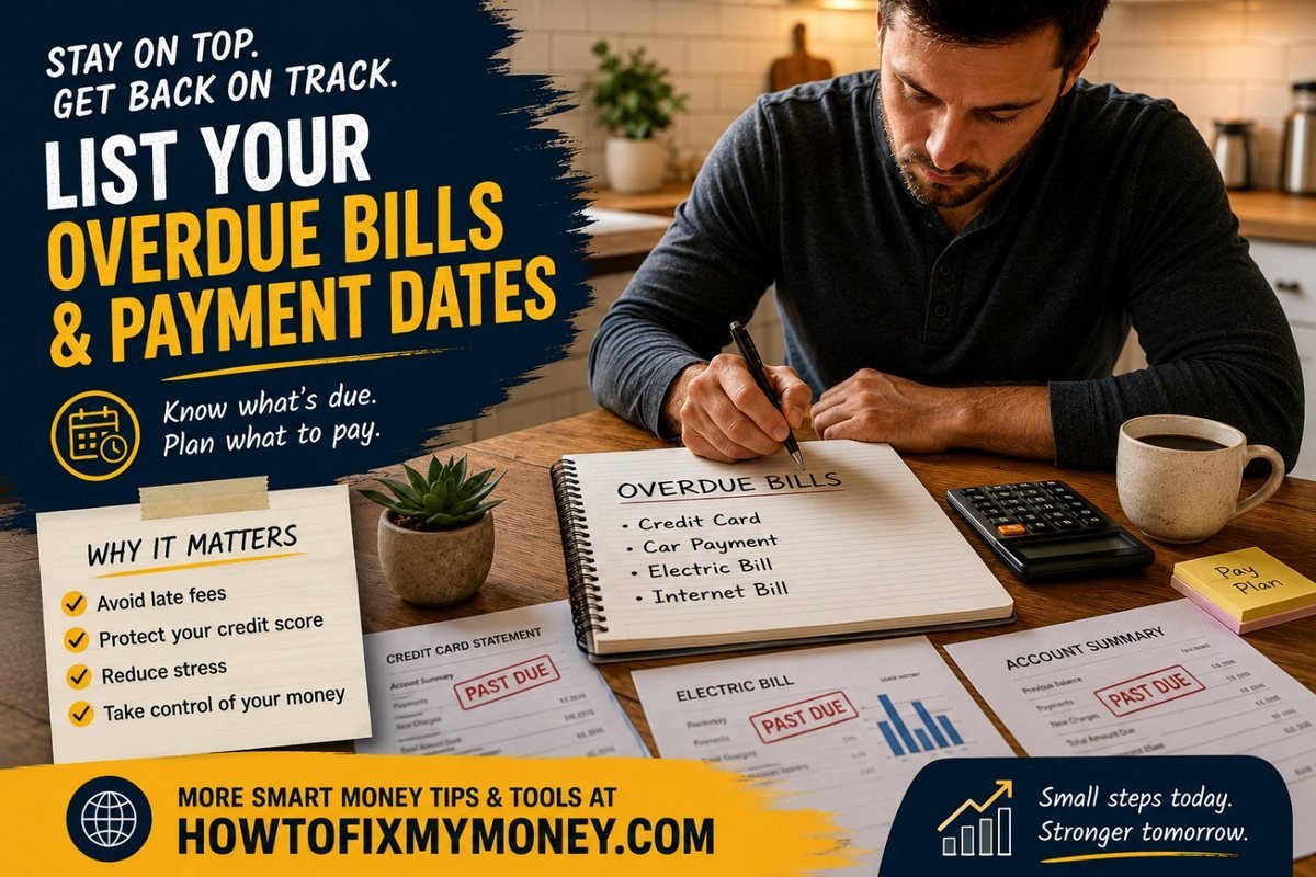 Person listing overdue bills and payment dates to budget when behind on every bill