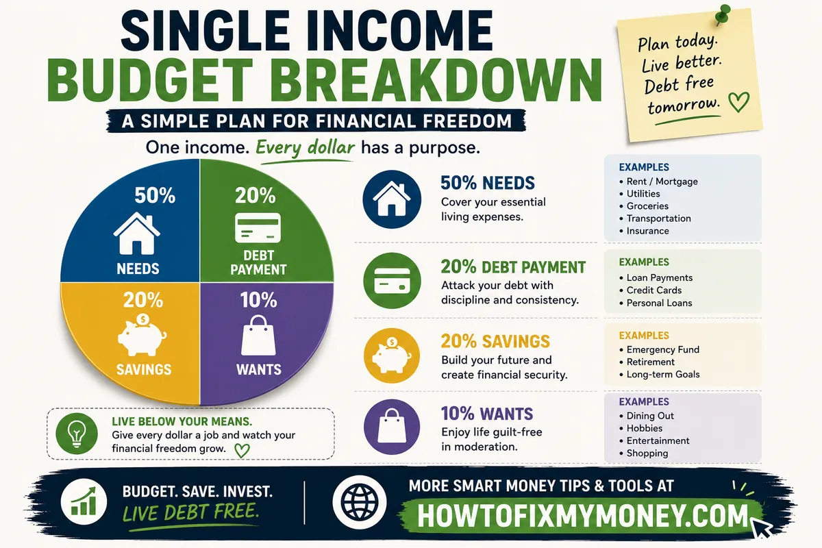Single income budget breakdown showing needs, debt, savings and wants