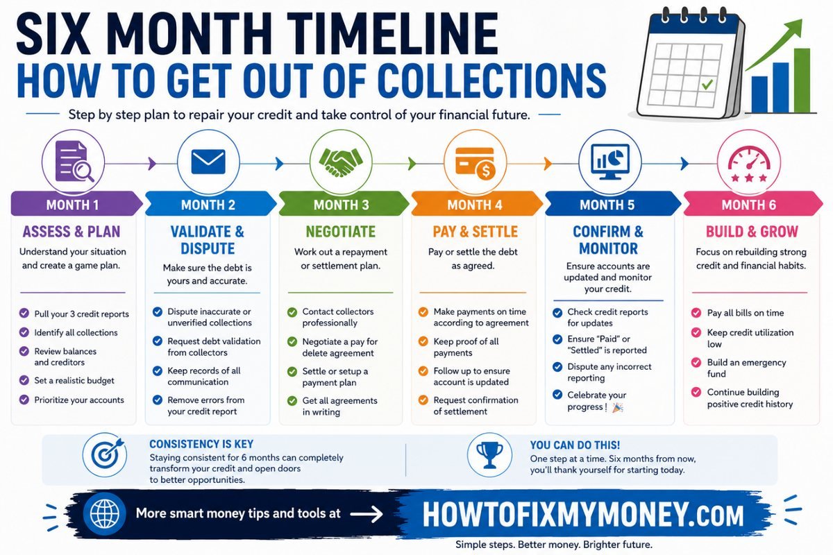 Six month timeline showing how to get out of collections step by step