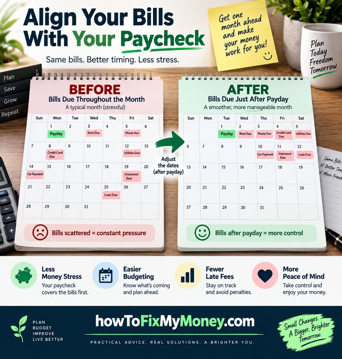 Bill due dates moved to just after payday on a monthly calendar