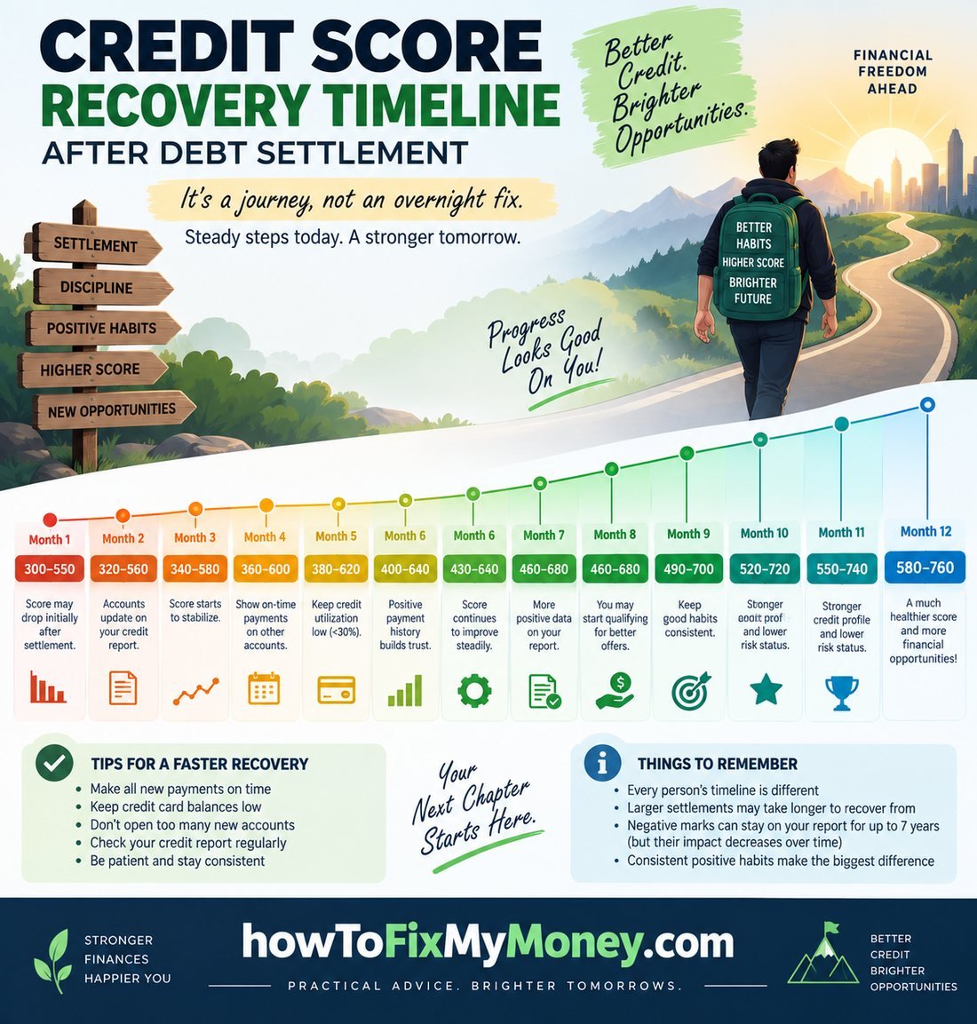 Credit score recovery timeline after debt settlement shown month by month