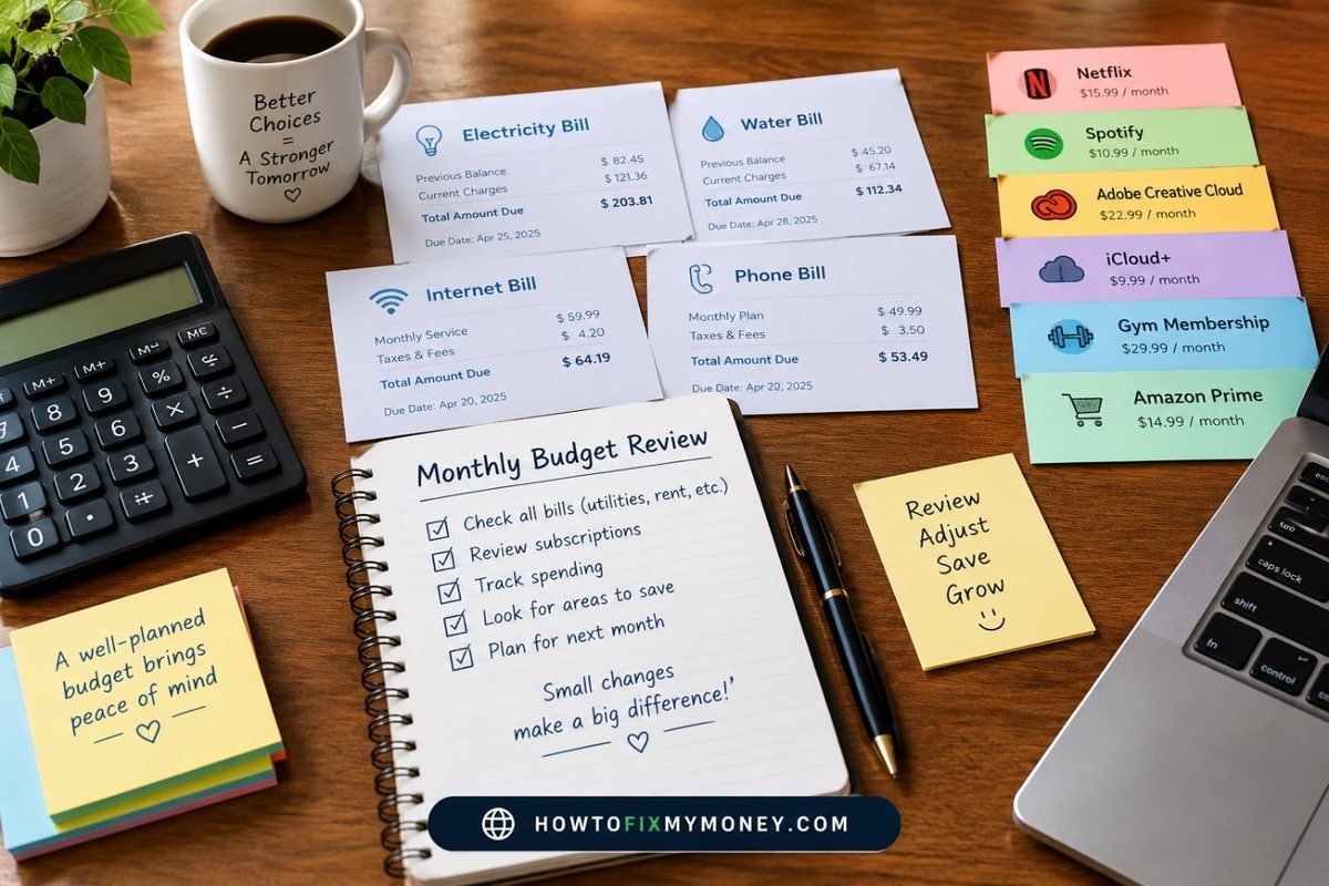 Monthly budget review with bills and subscriptions laid out on a desk