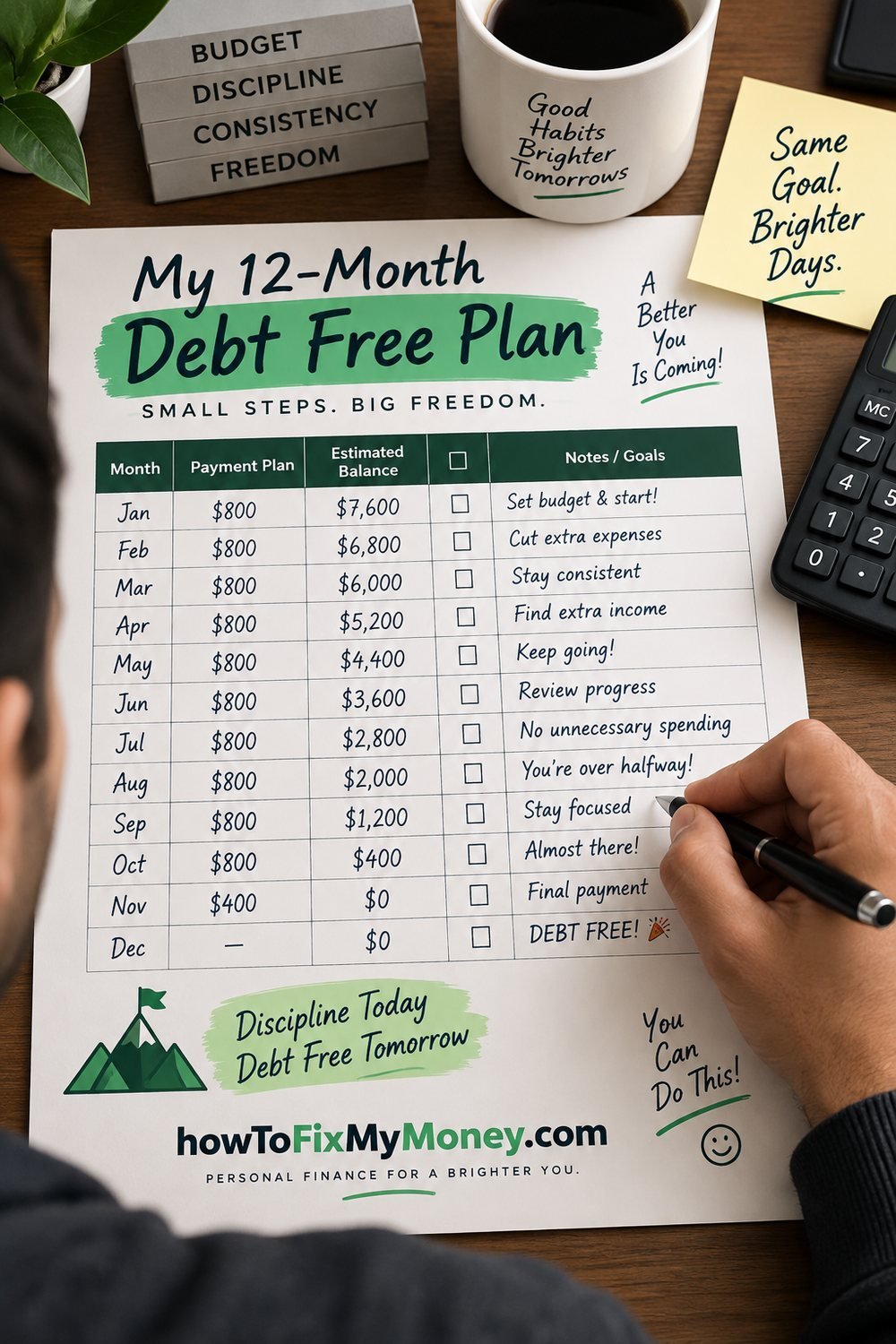 My 12 month debt free plan worksheet with monthly payments and estimated balances