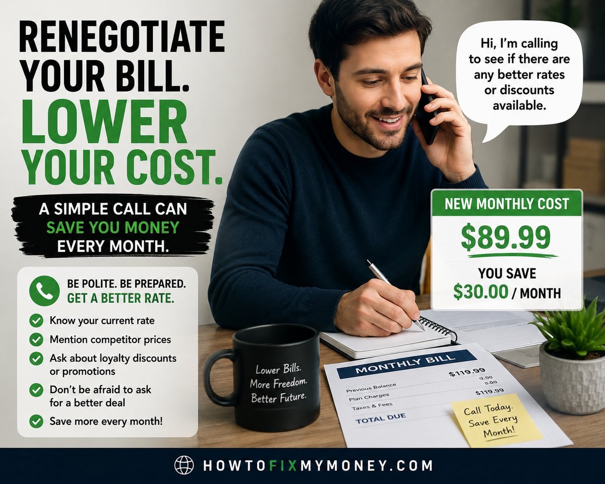 Person on the phone renegotiating a monthly bill to lower the cost