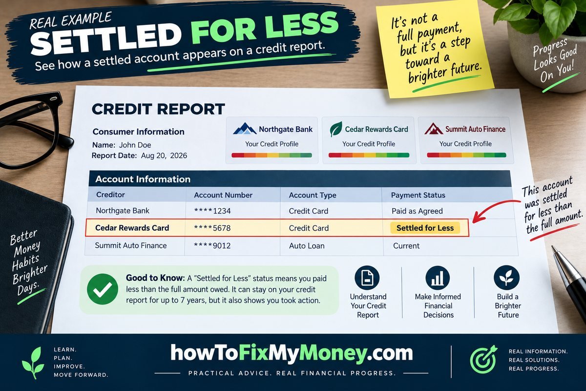 Credit report showing an account marked settled for less than the full amount
